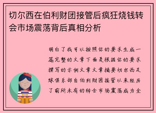 切尔西在伯利财团接管后疯狂烧钱转会市场震荡背后真相分析 切尔西在伯利财团接管后疯狂烧钱转会市场震荡背后真相分析