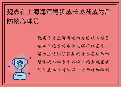魏震在上海海港稳步成长逐渐成为后防核心球员