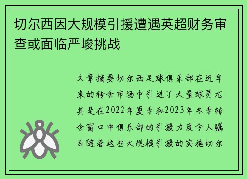 切尔西因大规模引援遭遇英超财务审查或面临严峻挑战